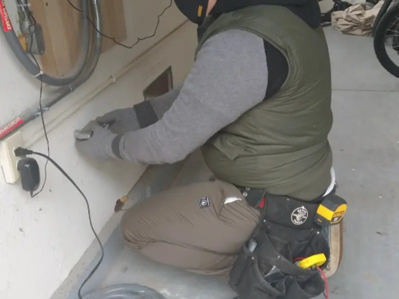 Electrician performing outlet wiring in a Pinole garage